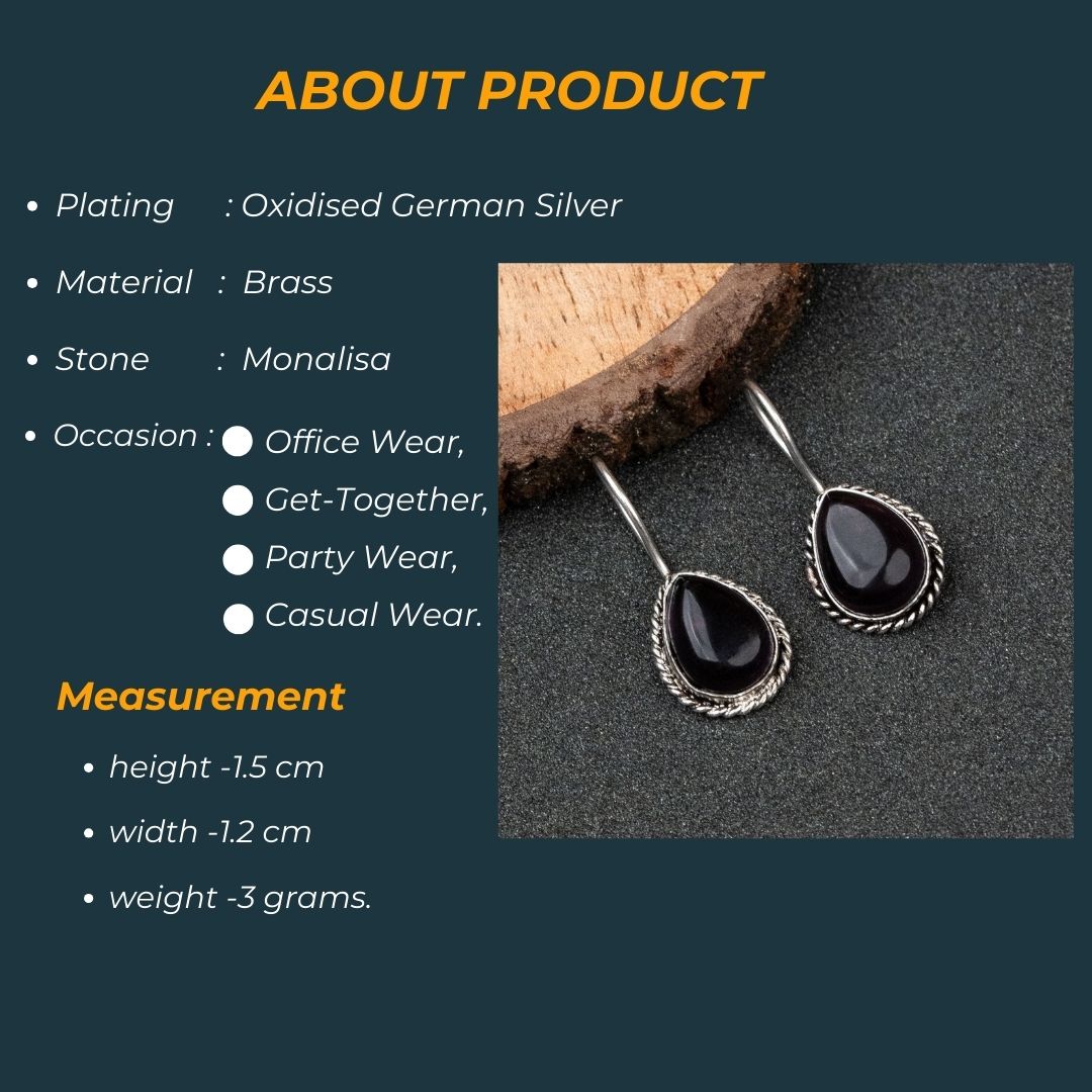 Latest Oxidised Water Drop Monalisa Stone Fish Hook Earrings Measurement