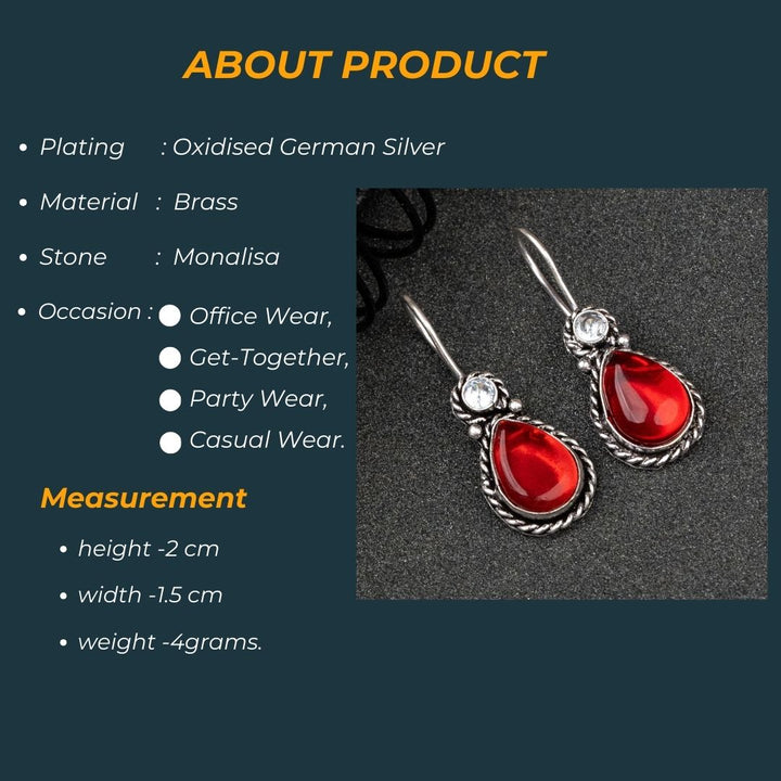 Latest Oxidised Water Drop Monalisa AD Stone Fish Hook Earrings Measurement