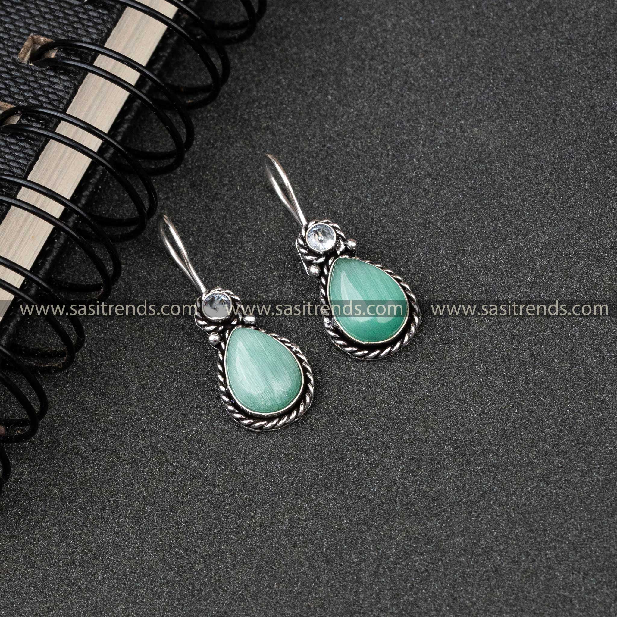 Party Wear Oxidised German Silver Water Drop Designer Fish Hook AD Stone Monalisa Stone Studded Earrings