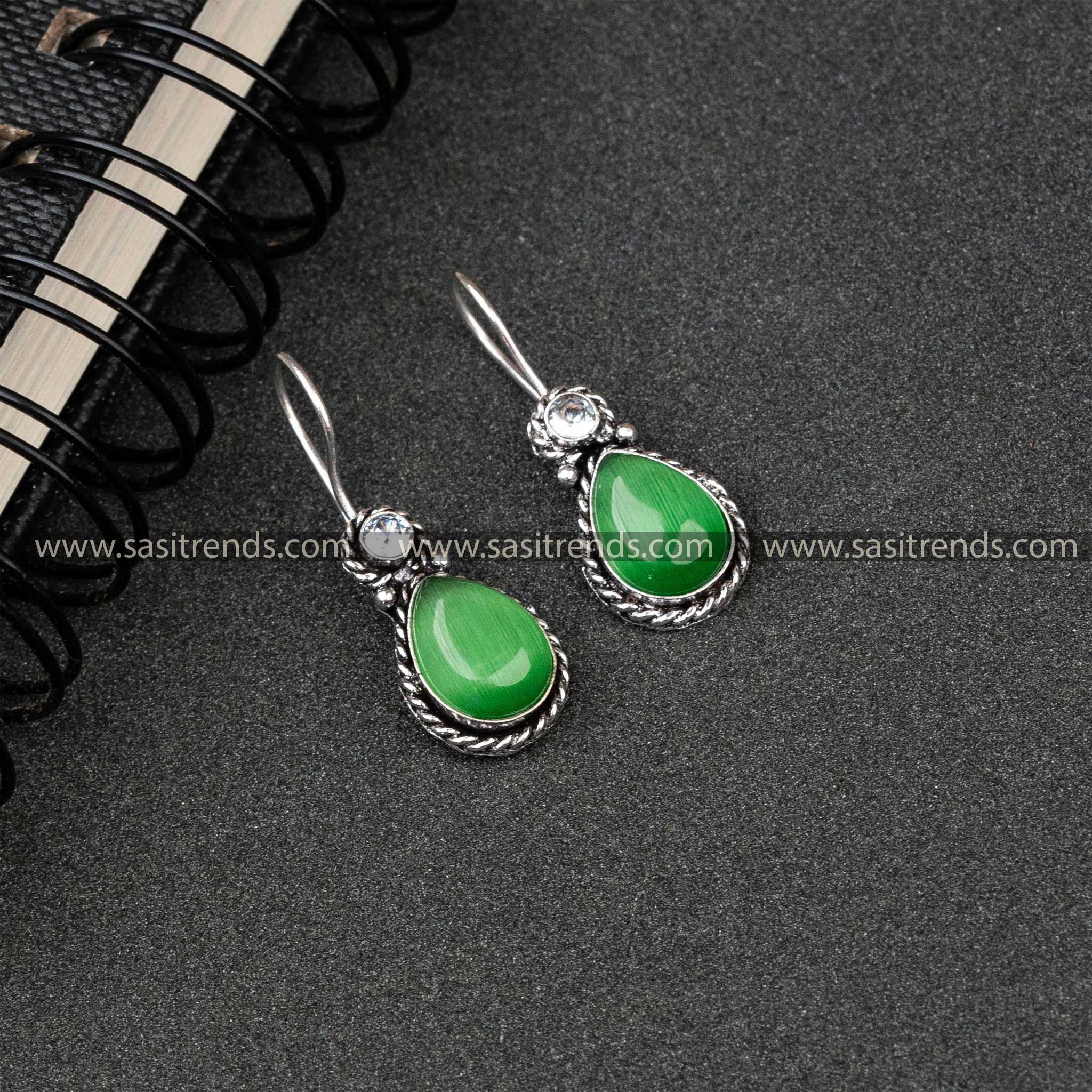 Latest Oxidised German Silver Water Drop Designer Fish Hook AD Stone Monalisa Stone Studded Earrings