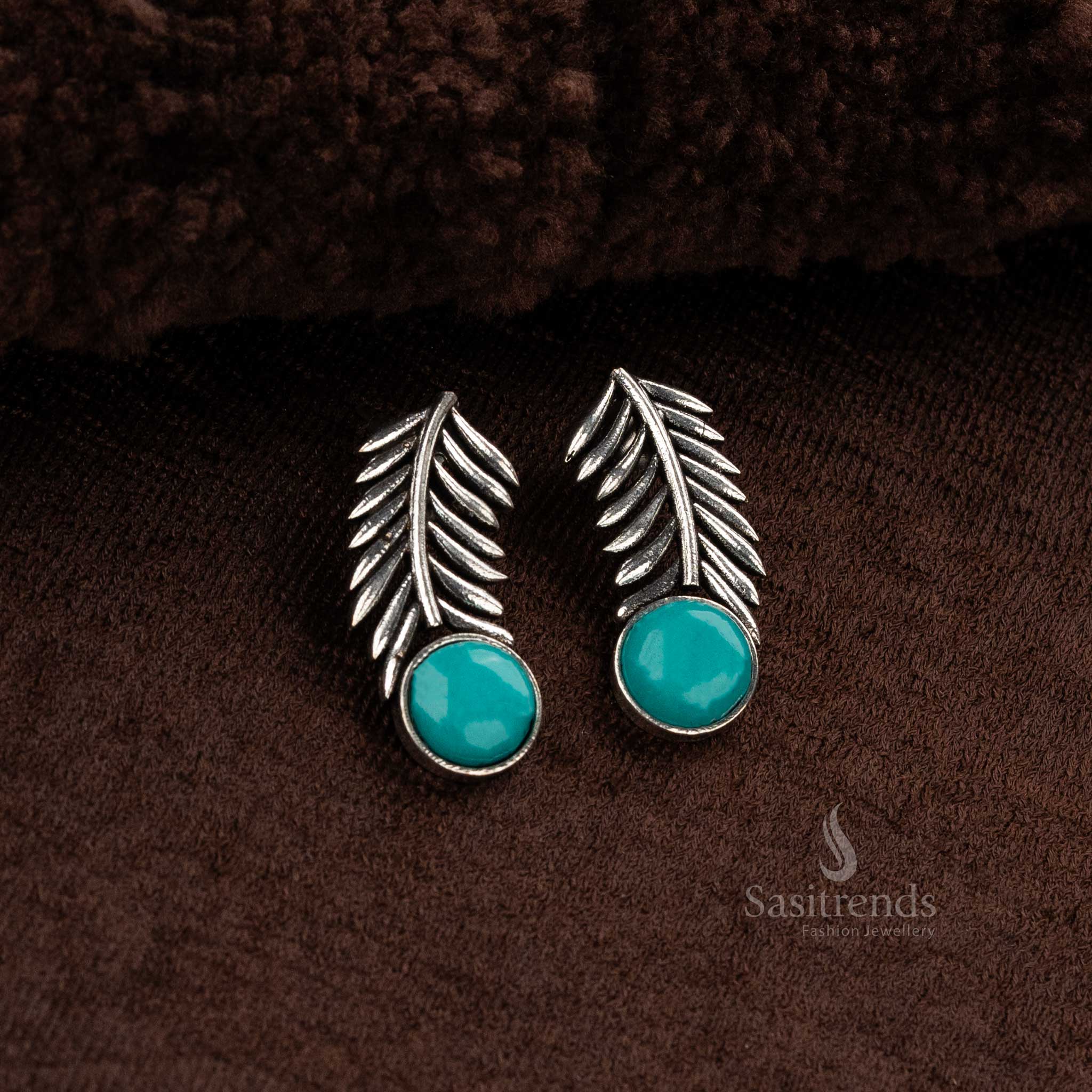 stunning office wear Oxidised German silver earrings with turquoise Monalisa stone and elegant leaf design - Sasitrends