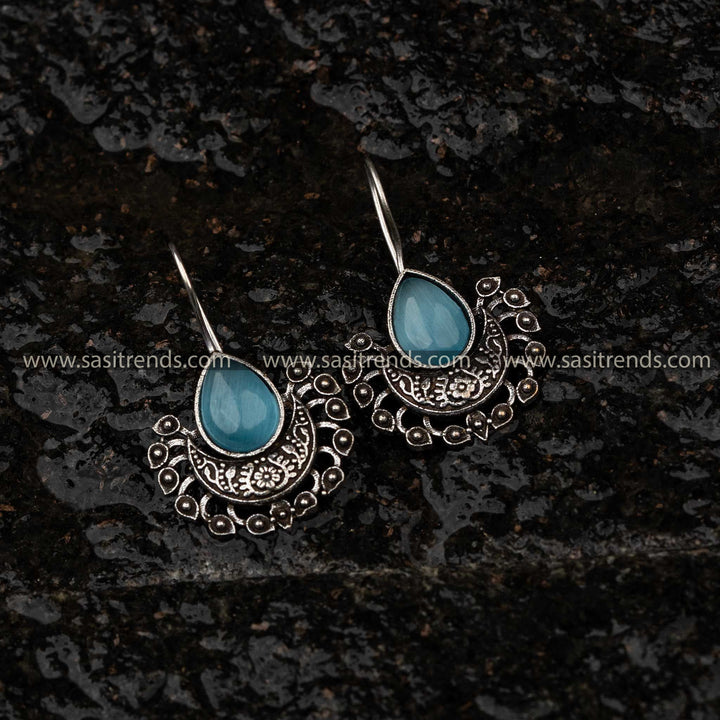 Lastest Oxidised Blue Stone Stud Fish Hook Earrings Sasitrends Online Shopping