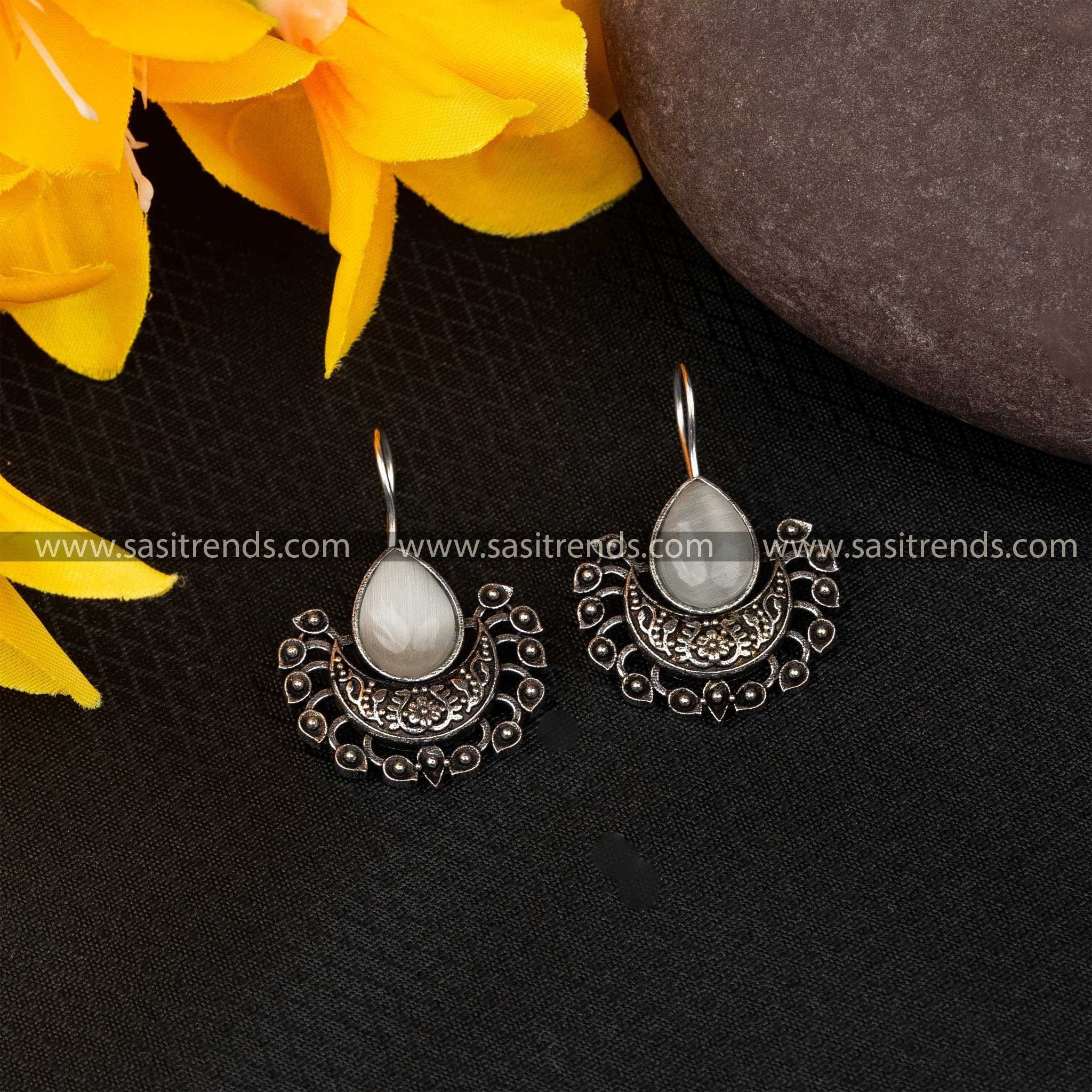 Oxidized silver fish hook earrings with grey cat's eye stones