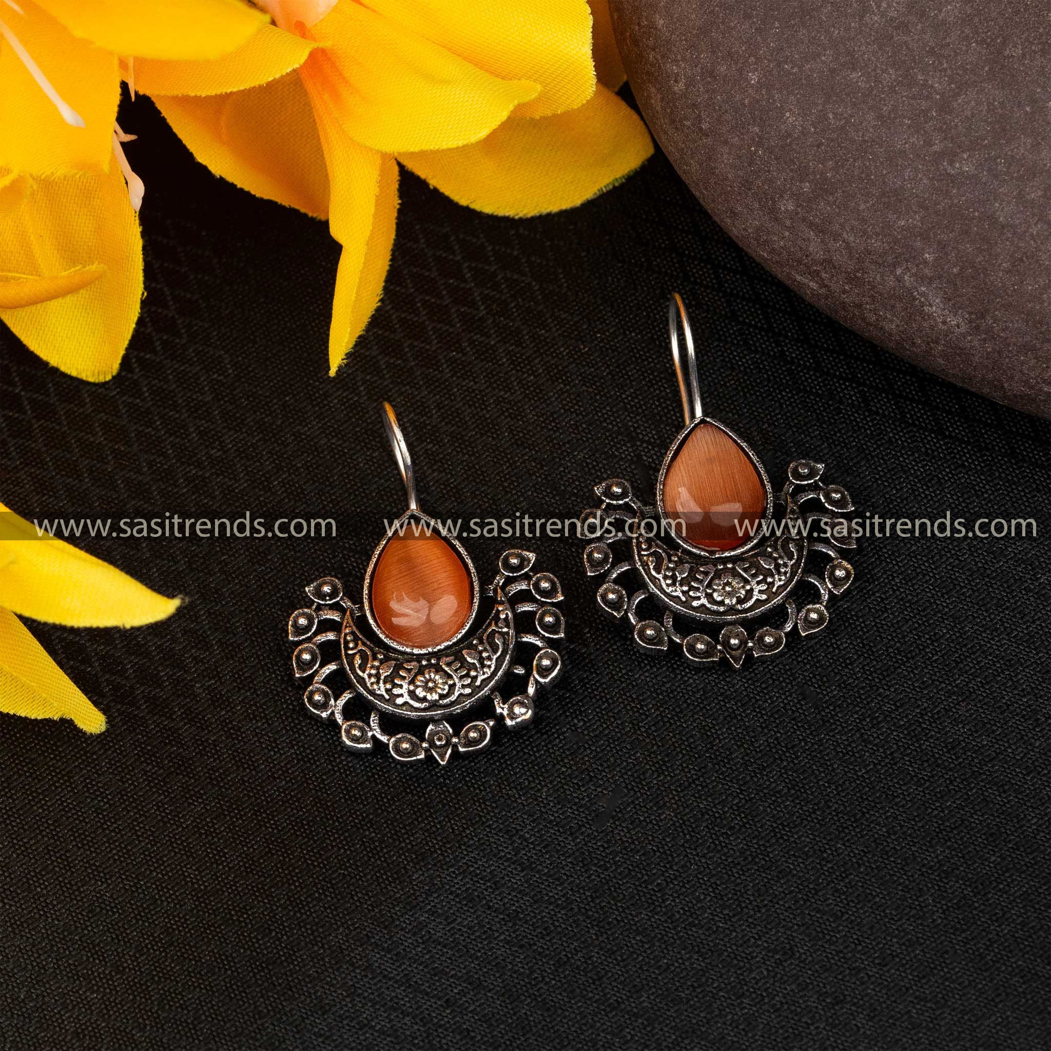 Tiger eye stone embellished fish hook earrings in oxidized design