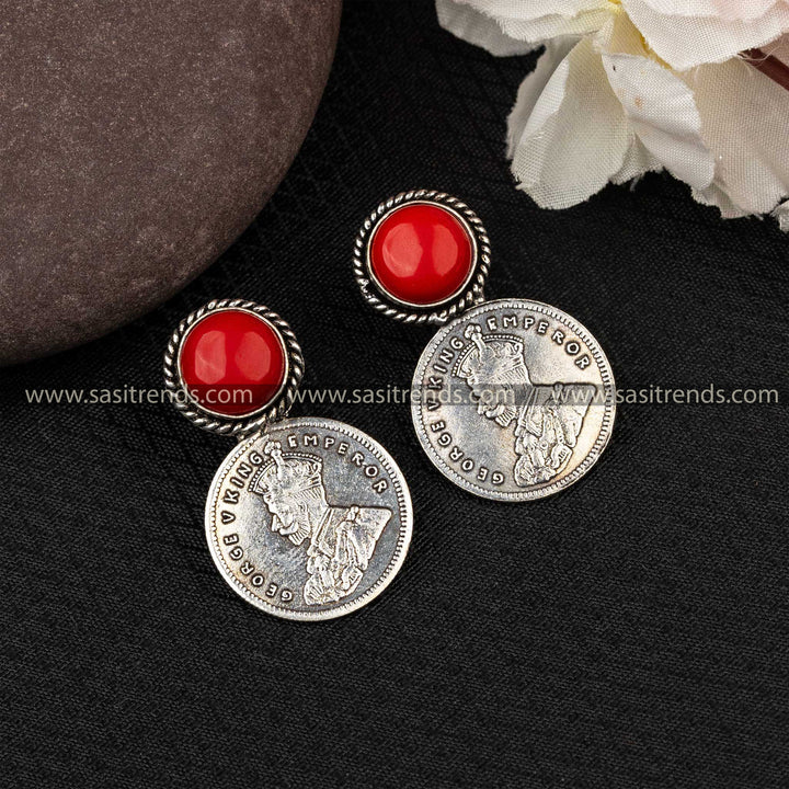 Crimson Monalisa stone in George V Emperor coin silver earrings