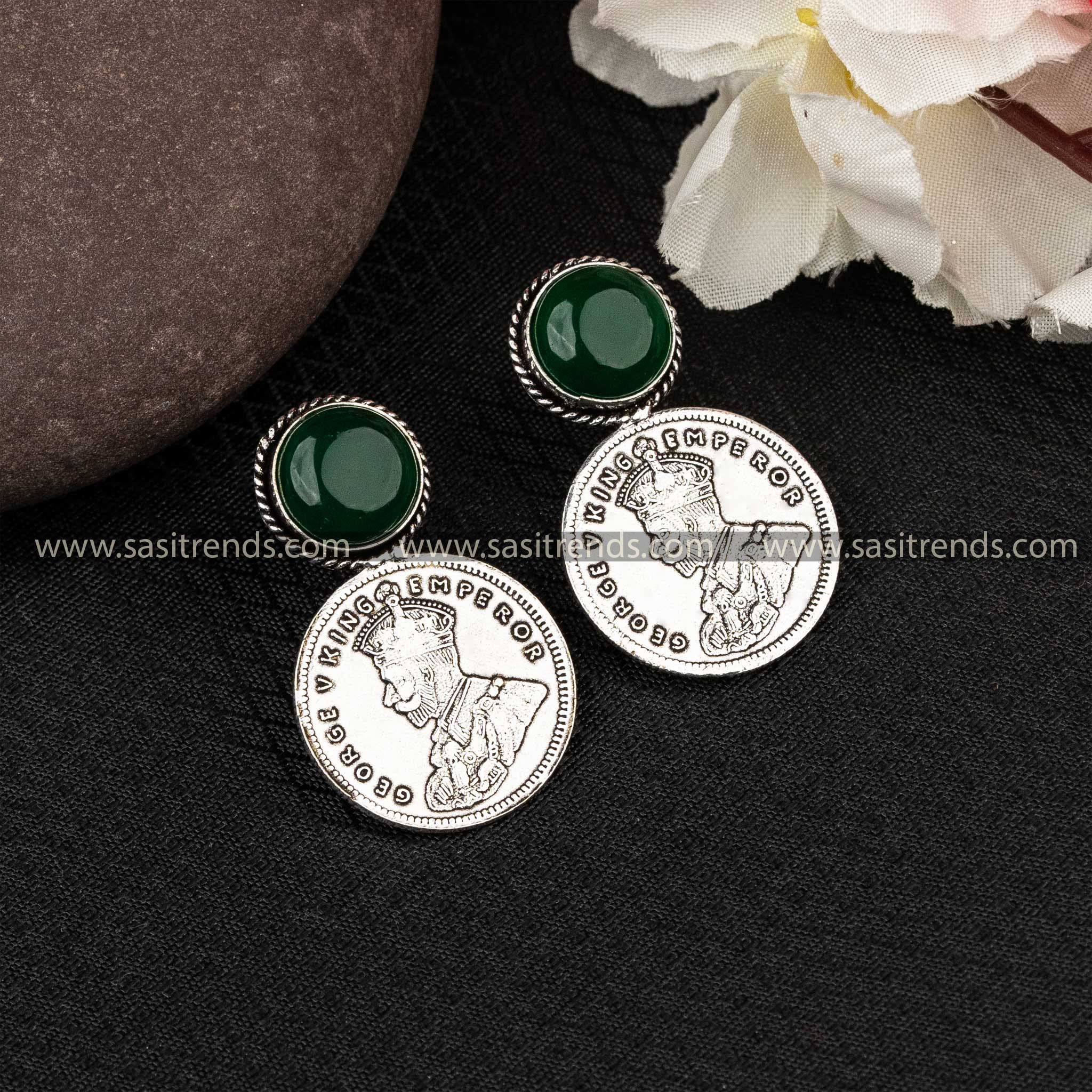 Emerald Monalisa stone set in George V Emperor coin silver earrings