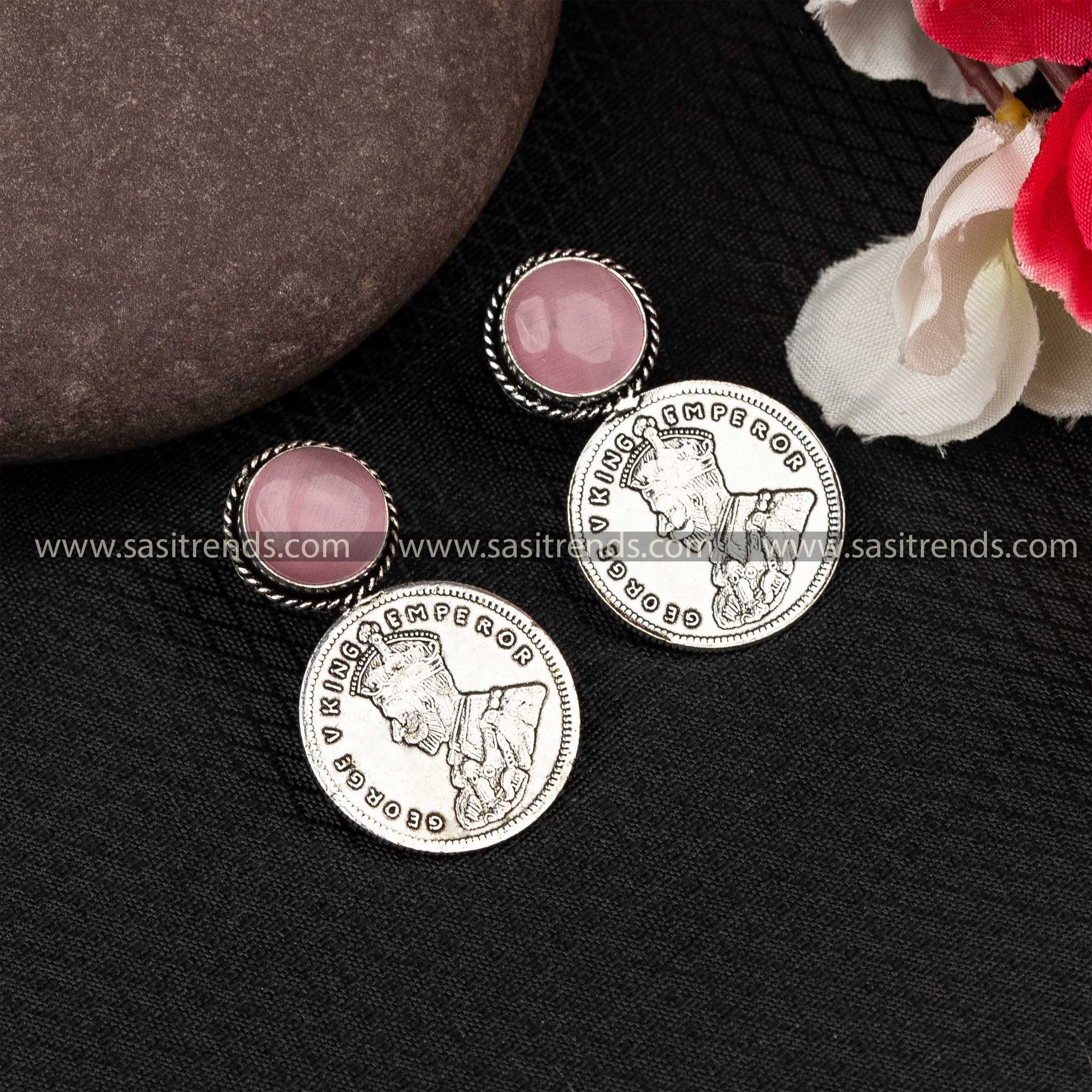 Pink Monalisa stone in George V Emperor coin oxidized earrings