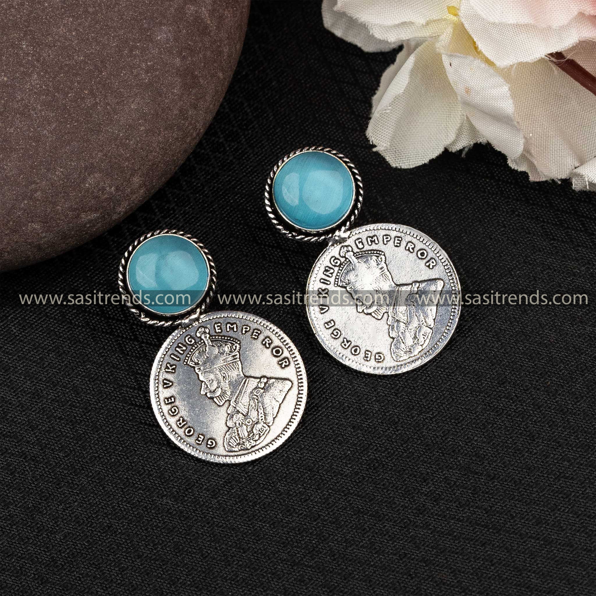 Sky blue Monalisa stone on George V Emperor coin oxidized earrings