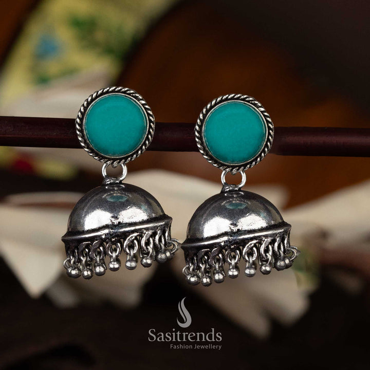 Bohemian-style oxidised silver jhumka earrings with vibrant turquoise stone - Sasitrends