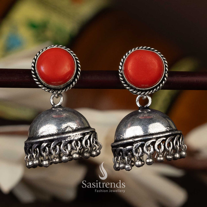 Elegant oxidised jhumkas featuring white stone top and decorative beadwork - Sasitrends