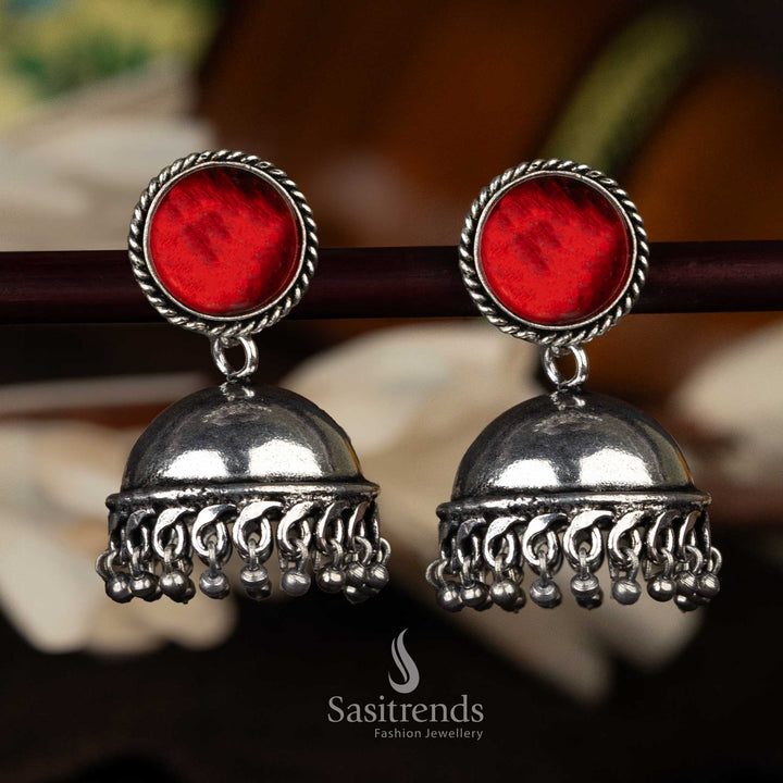 Pink stone top jhumkas in oxidised silver with detailed bead fringe - Sasitrends