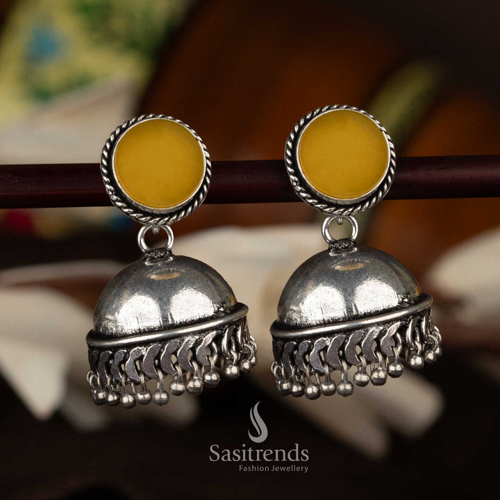 Traditional dome-shaped jhumkas with yellow accent stone and intricate tassels - Sasitrends