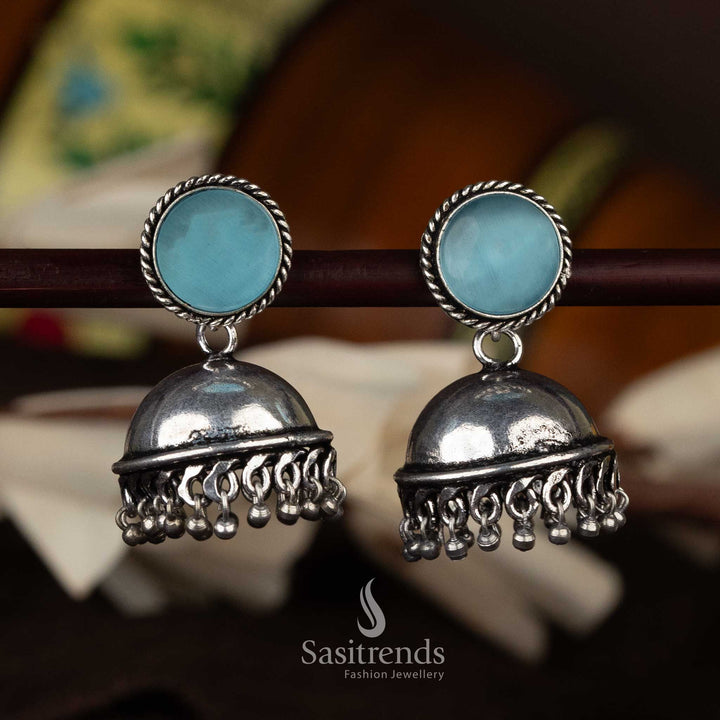 ocean blue stone oxidised jhumka earrings with dome shape and decorative beads - Sasitrends