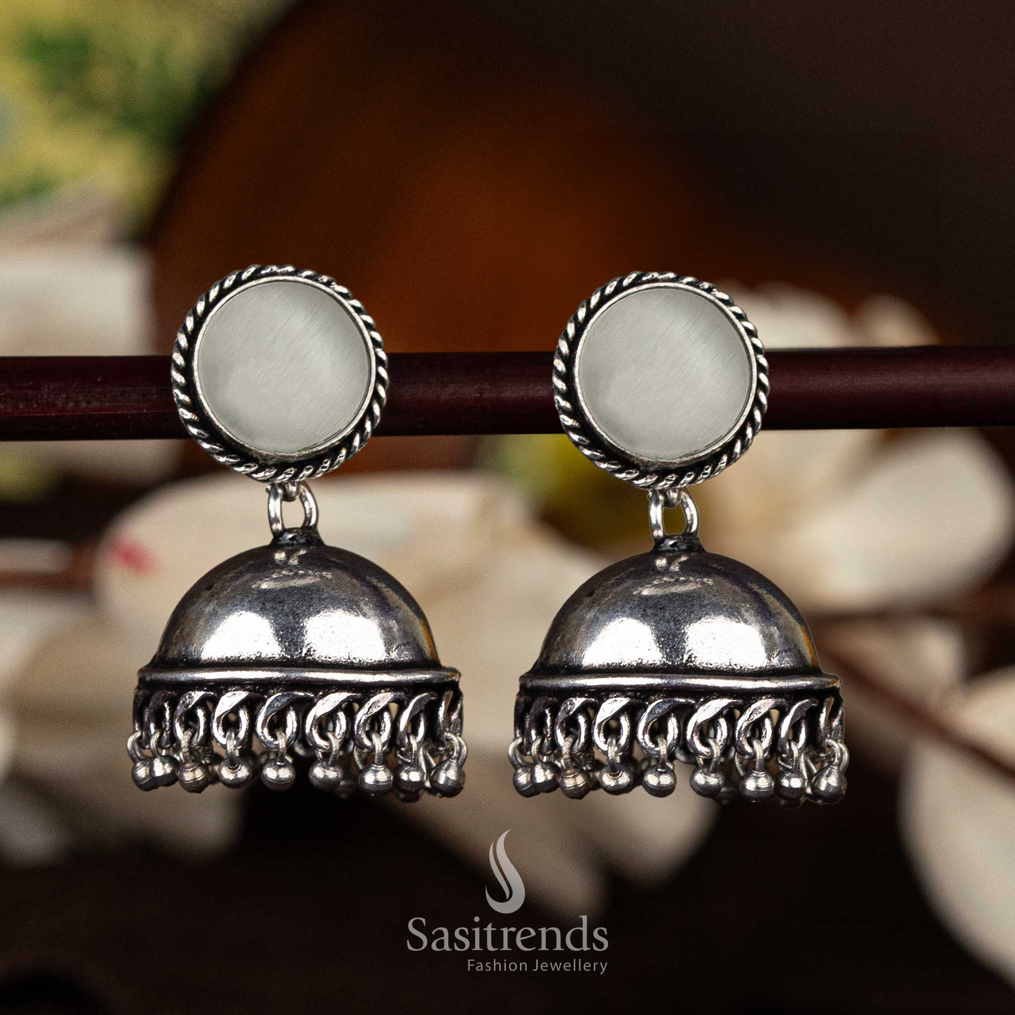 Vintage-style oxidised earrings with mint accent stone and intricate dome design - Sasitrends