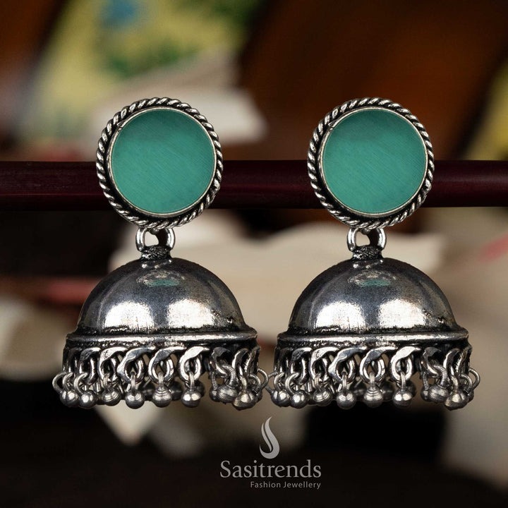 Traditional oxidised silver earrings featuring sky blue round stone and dome - Sasitrends