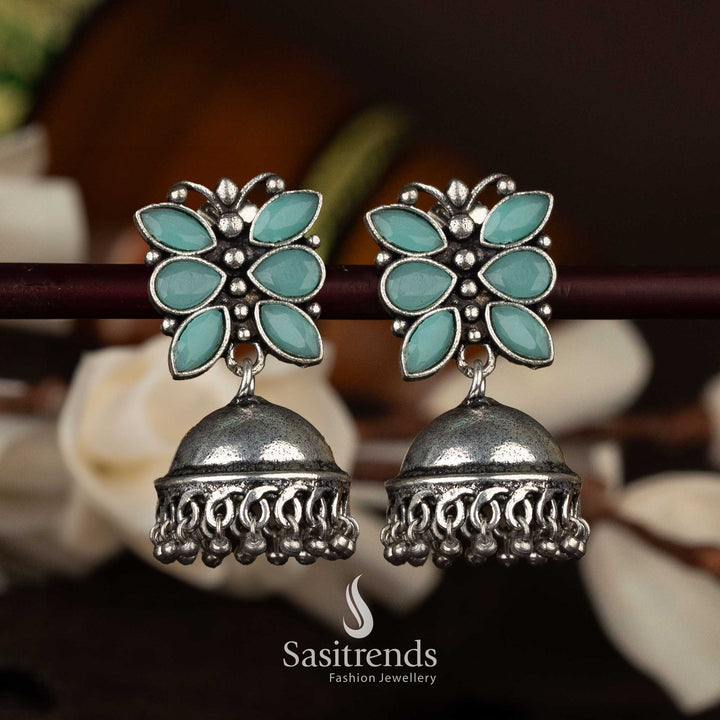 Classic mint flower top jhumka earrings with oxidised dome design - Sasitrends