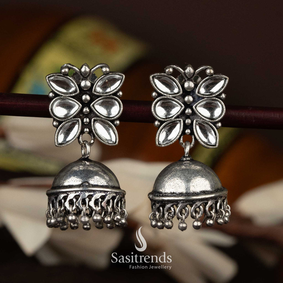 Chic white floral top oxidised jhumka earrings with dome and bead accents - Sasitrends