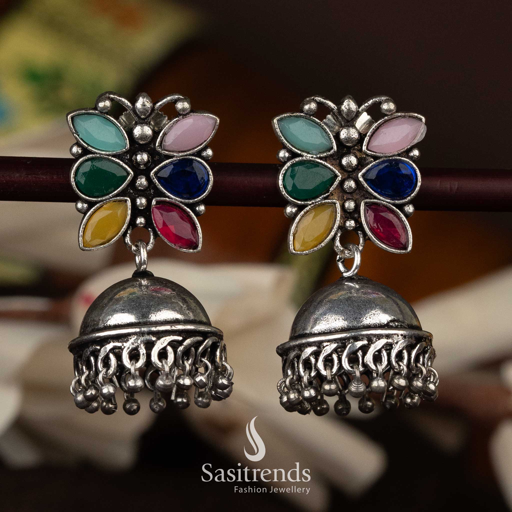 Colorful oxidised jhumka earrings with a vibrant flower design and dome beads - Sasitrends