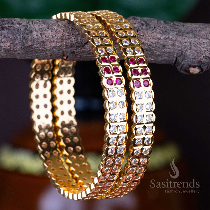 Traditional Micro Gold Plated White Ruby American Diamond Stone Studded Bangles - Sasitrends