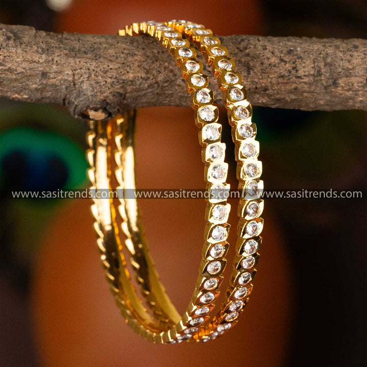 Traditional Micro Gold Plated White American Diamond Stone Studded Bangles Sasitrends Online Shopping