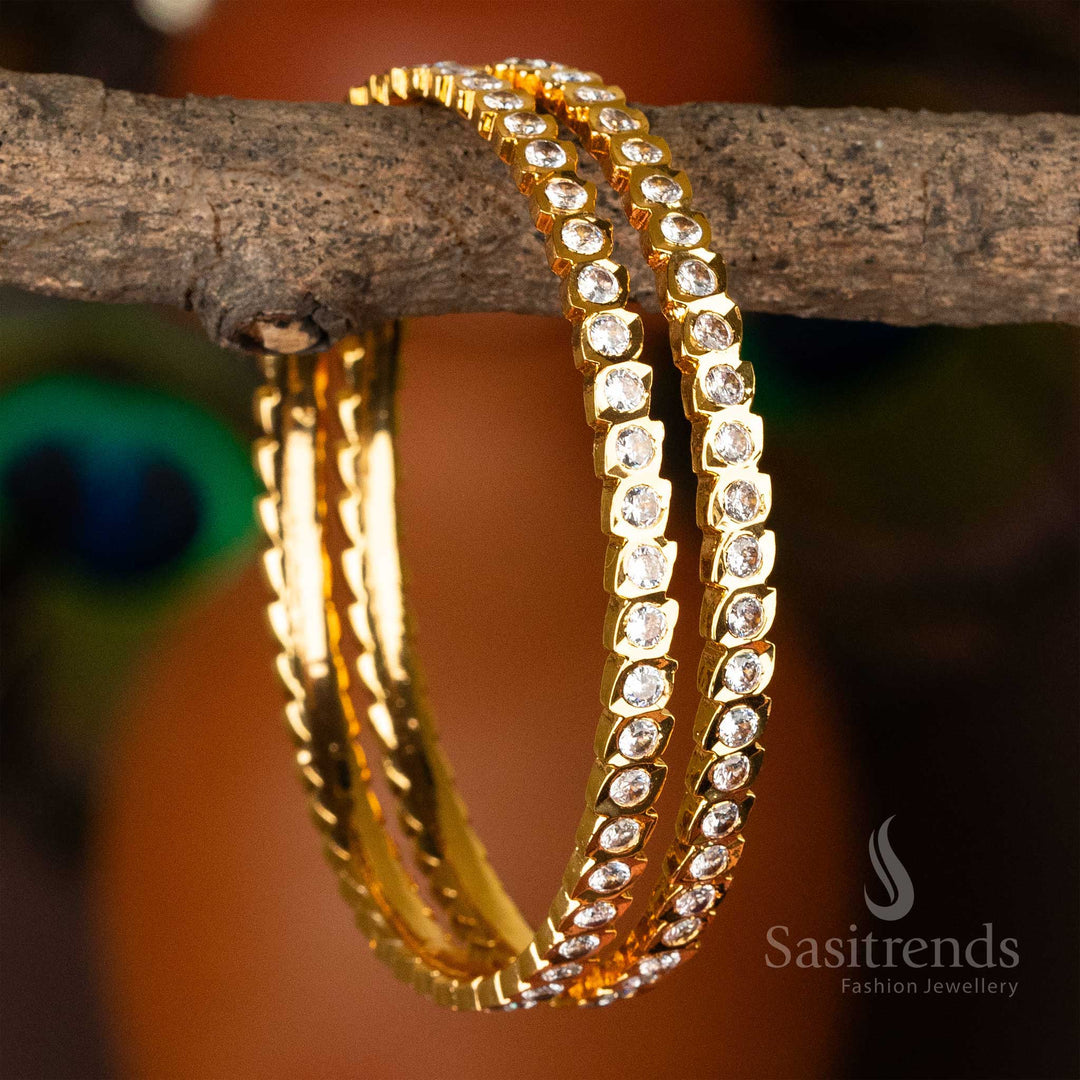 Exquisite Traditional Wear Impon Micro Gold Plated Bangles with American Diamond Stones, beautifully encrusted with White Stones - Sasitrends