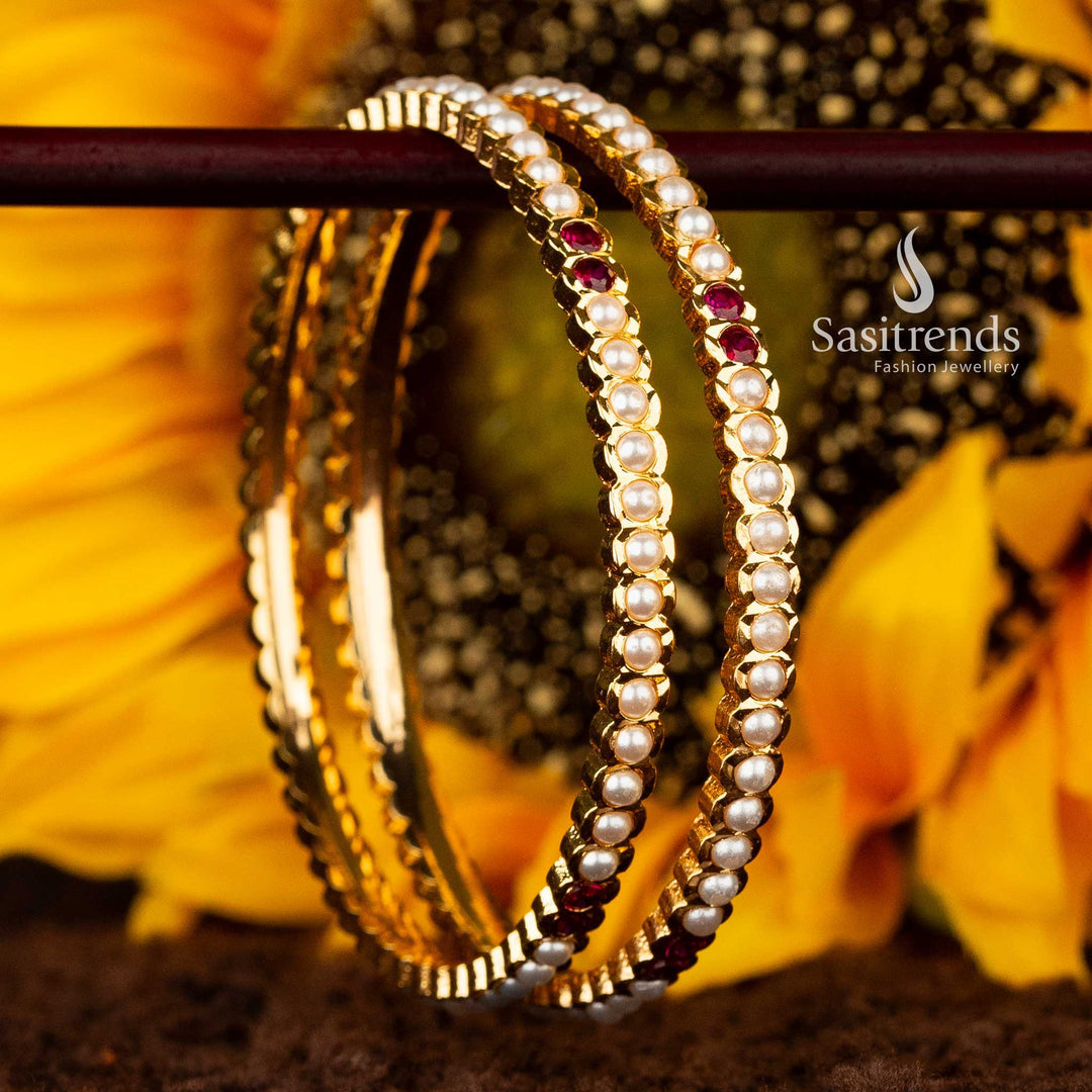 Guaranteed micro gold-plated Addigai bangle with pearls for sarees - Sasitrends