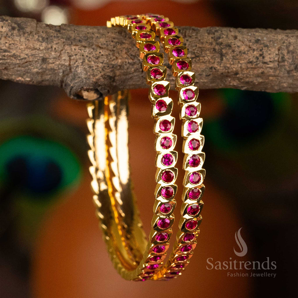 Stunning Traditional Wear Impon Micro Gold Plated Bangles with American Diamond Stones, featuring radiant Pink Stones - Sasitrends