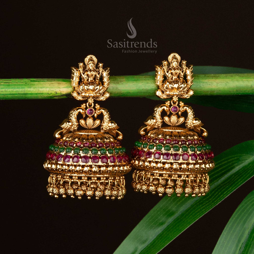 Bridal temple earrings with Lakshmi motif and ruby-green accents - Sasitrends