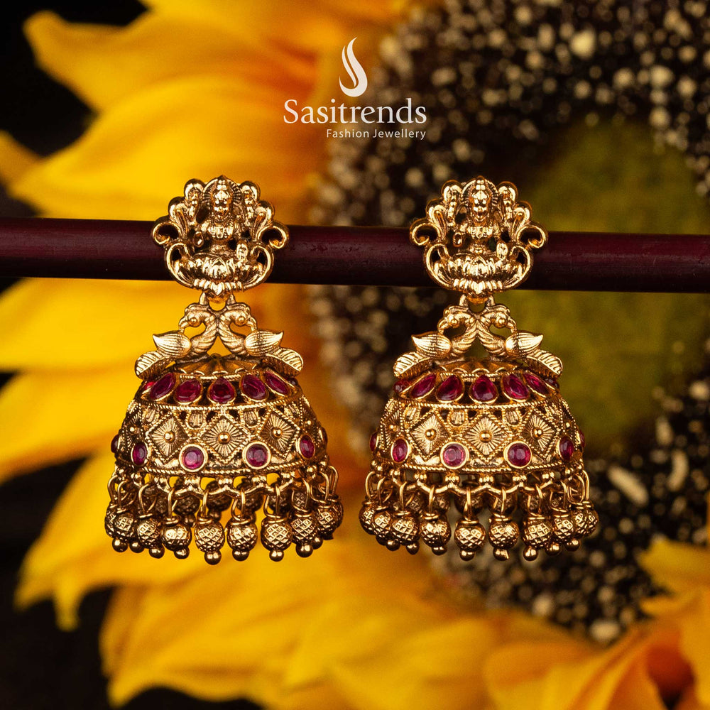 Traditional temple jhumka earrings with Lakshmi and ruby stones - Sasitrends





