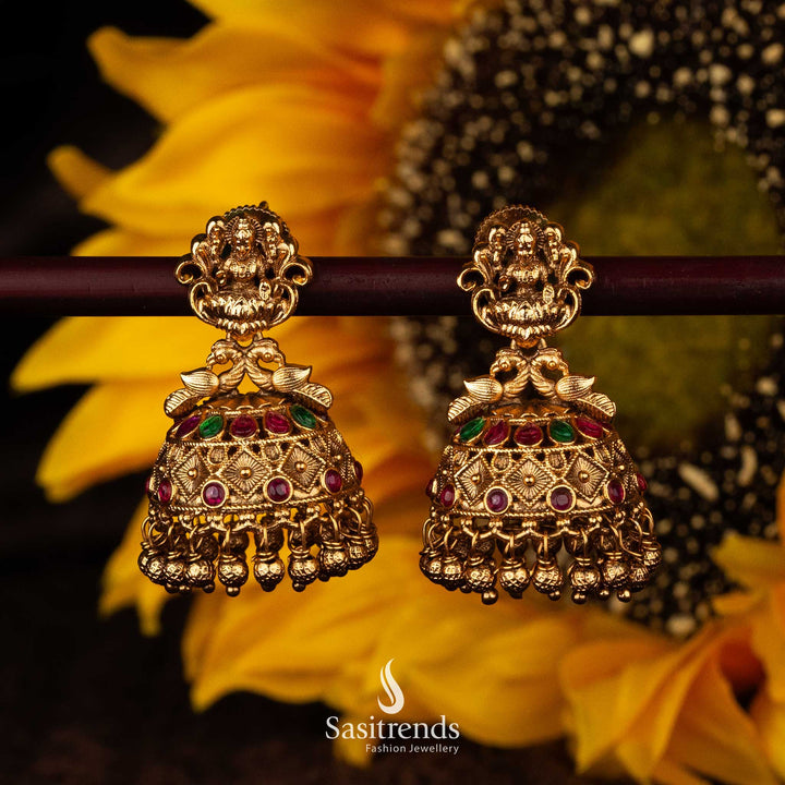 Traditional Wear Premium Temple Matte Gold Plated Jhumka Earrings with Lakshmi Top & Dual-Shaped Stones | Available in Ruby & Ruby-Green - Sasitrends