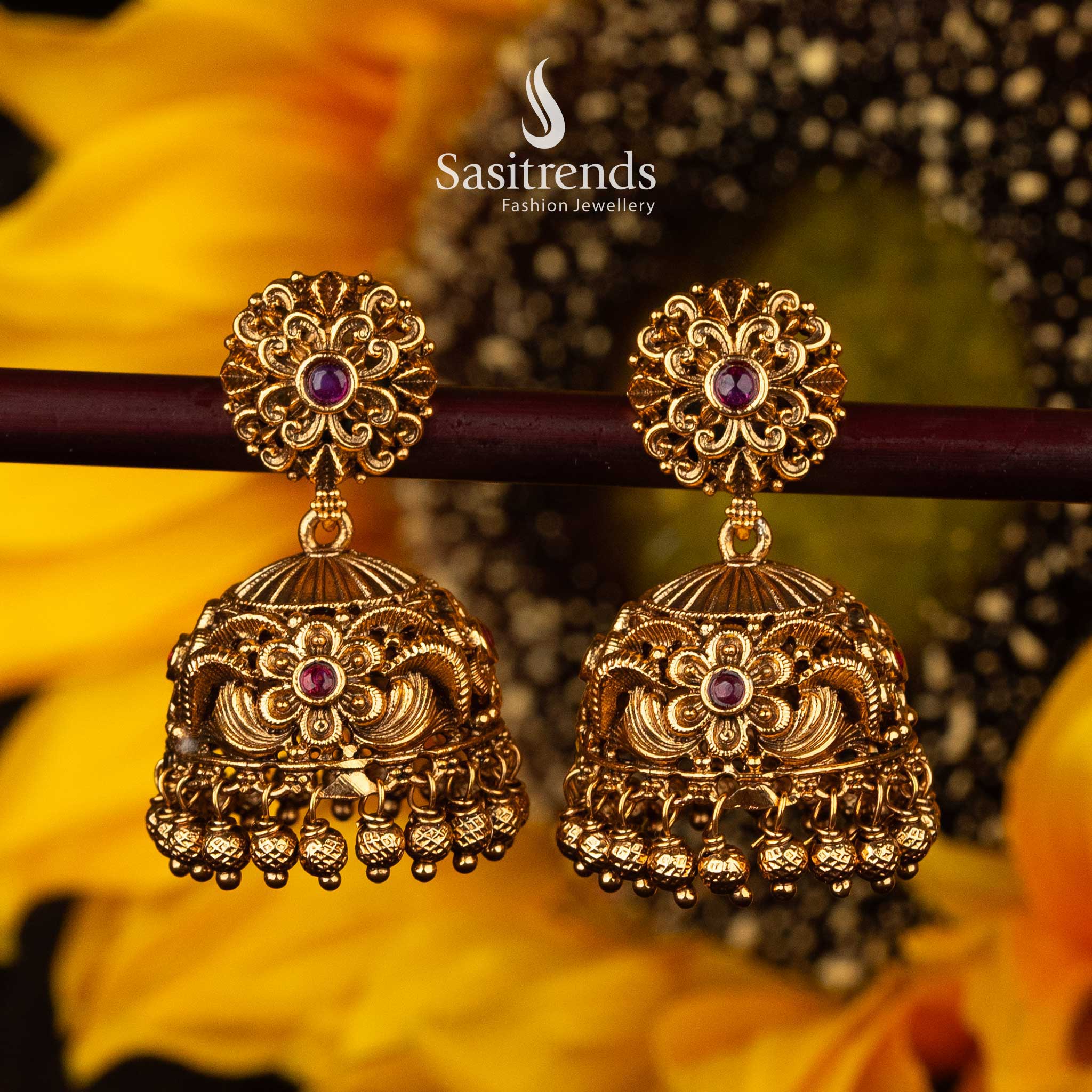 Traditional South Indian temple jhumka earrings with ruby stones - Sasitrends