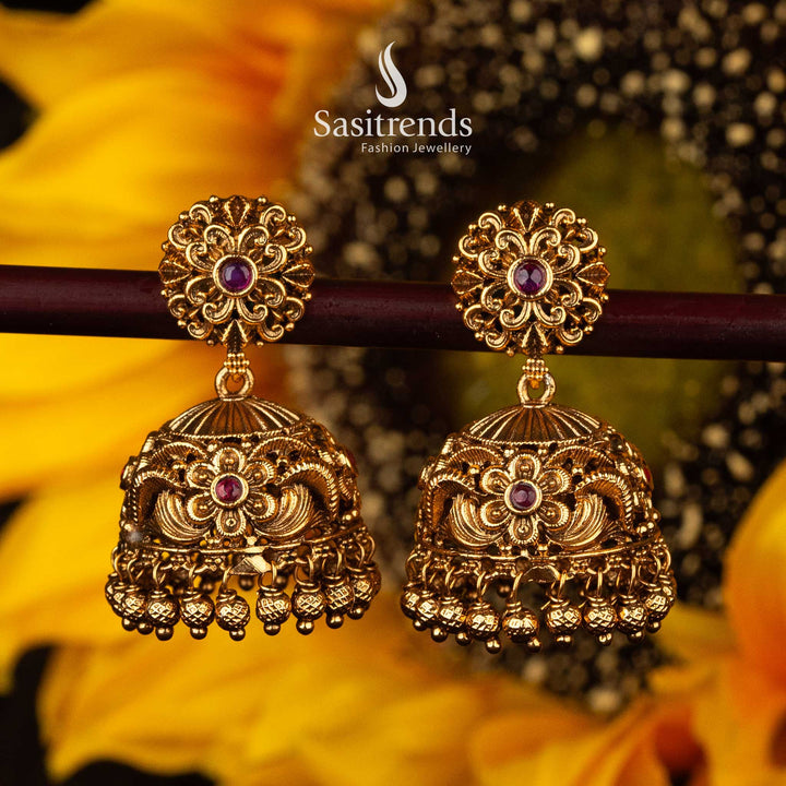 Stunning Ruby & Ruby-Green Temple Matte Gold Jhumka Earrings with Floral Design | Ideal for Weddings & Special Occasions - Sasitrends