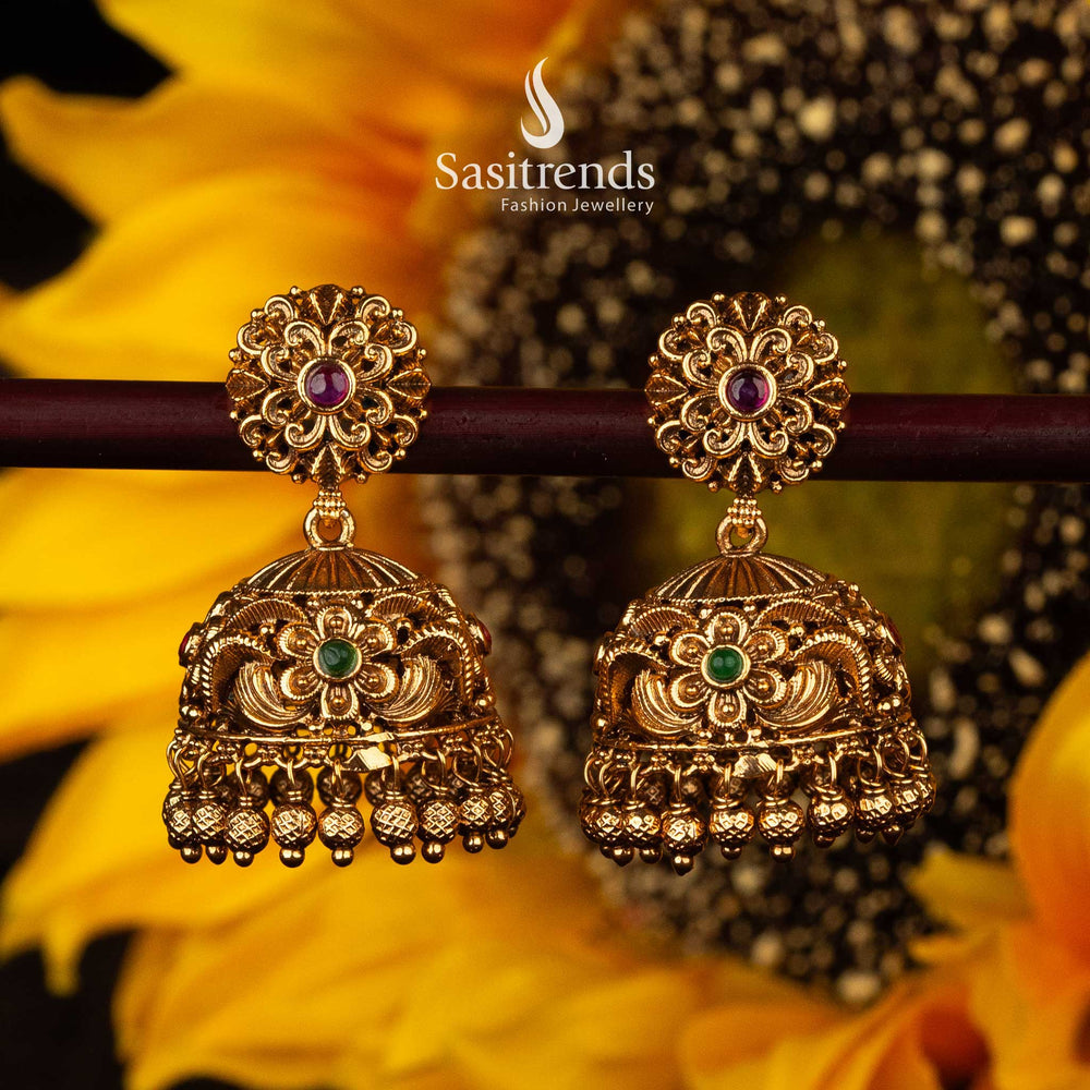 South Indian temple jhumka earrings in ruby-green with floral design - Sasitrends