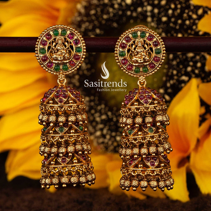 Elegant ruby-green jhumka earrings with Lakshmi and floral details - Sasitrends