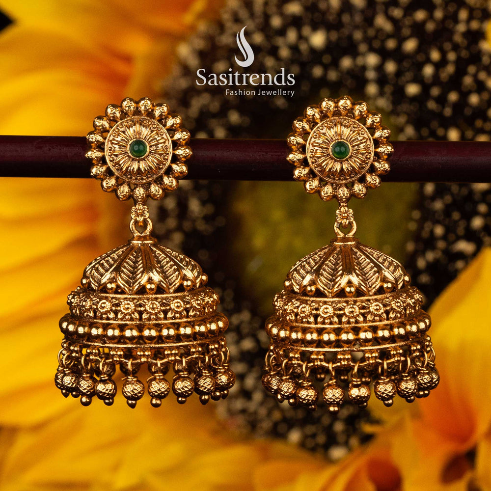 Guaranteed temple jhumka earrings with floral top and green stone - Sasitrends