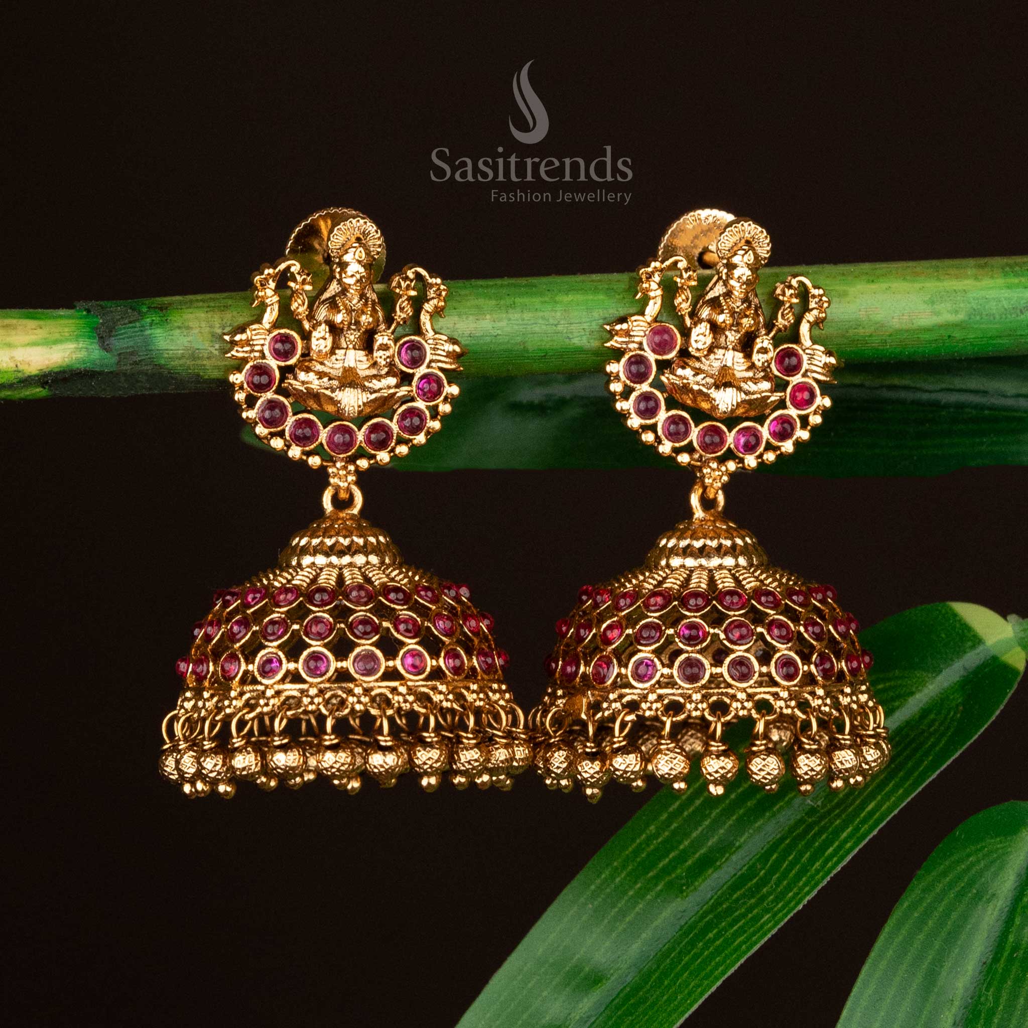 Temple matte gold-plated Lakshmi earrings with ruby stones and golden beads - Sasitrends