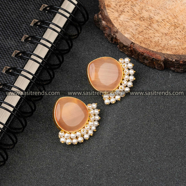 Daily Wear Gold Plated Pearl Hanging Monalisa Stone Studded Earrings