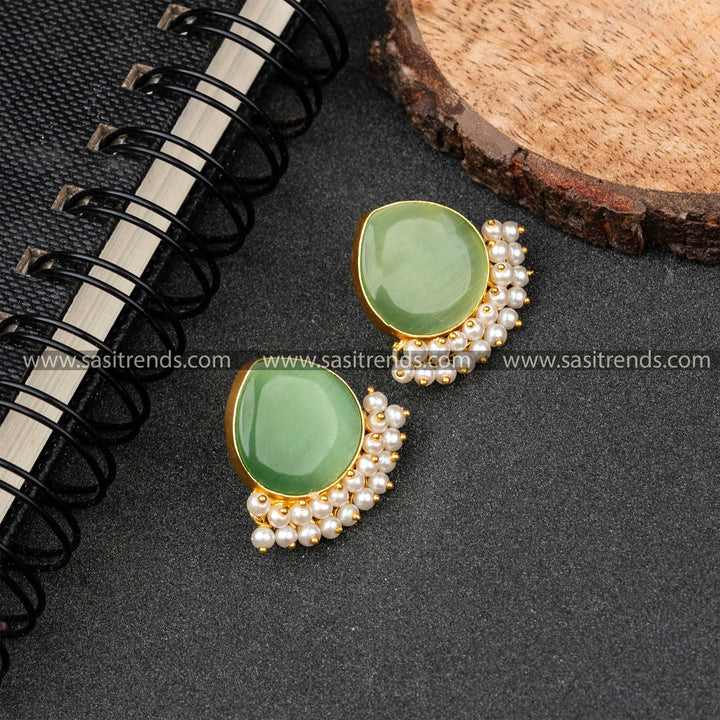 Festival Gold Plated Pearl Hanging Monalisa Stone Studded Earrings