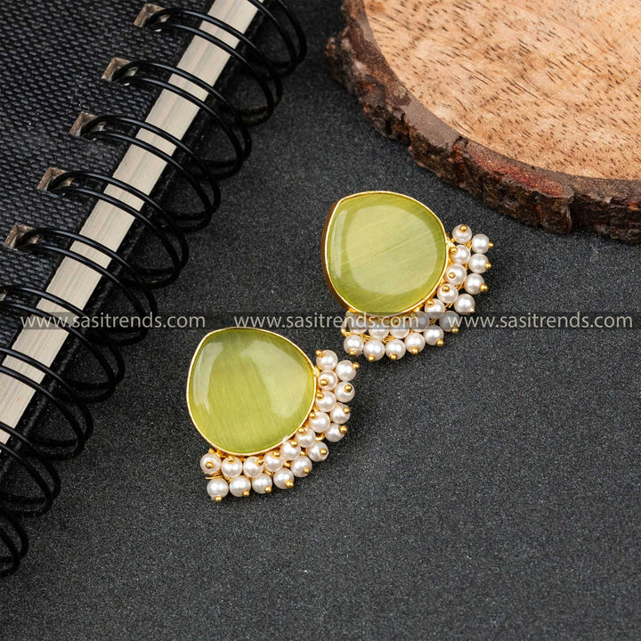 Party Wear Gold Plated Pearl Hanging Monalisa Stone Studded Earrings