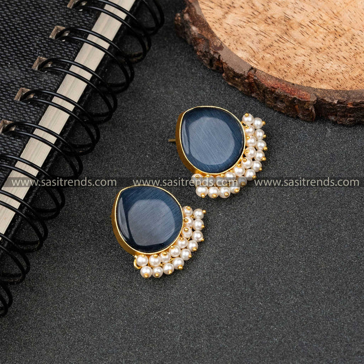 Special Gold Plated Pearl Hanging Monalisa Stone Studded Push Back  Earrings