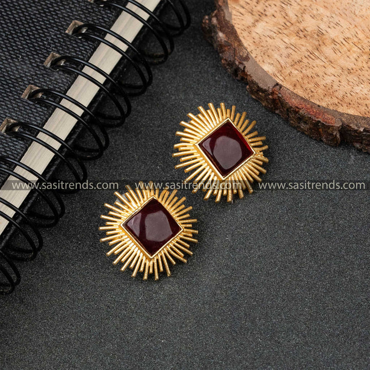 Beautiful Gold Plated Maroon Rectangle Monalisa Stone Push Back Earrings 