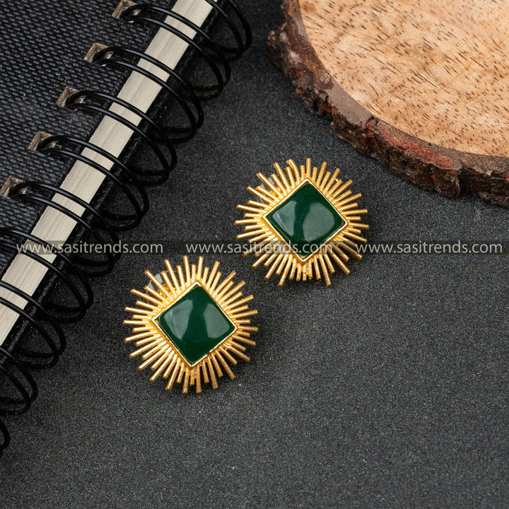 Gold Plated Dark Green Rectangle Monalisa Stone Push Back Earrings 