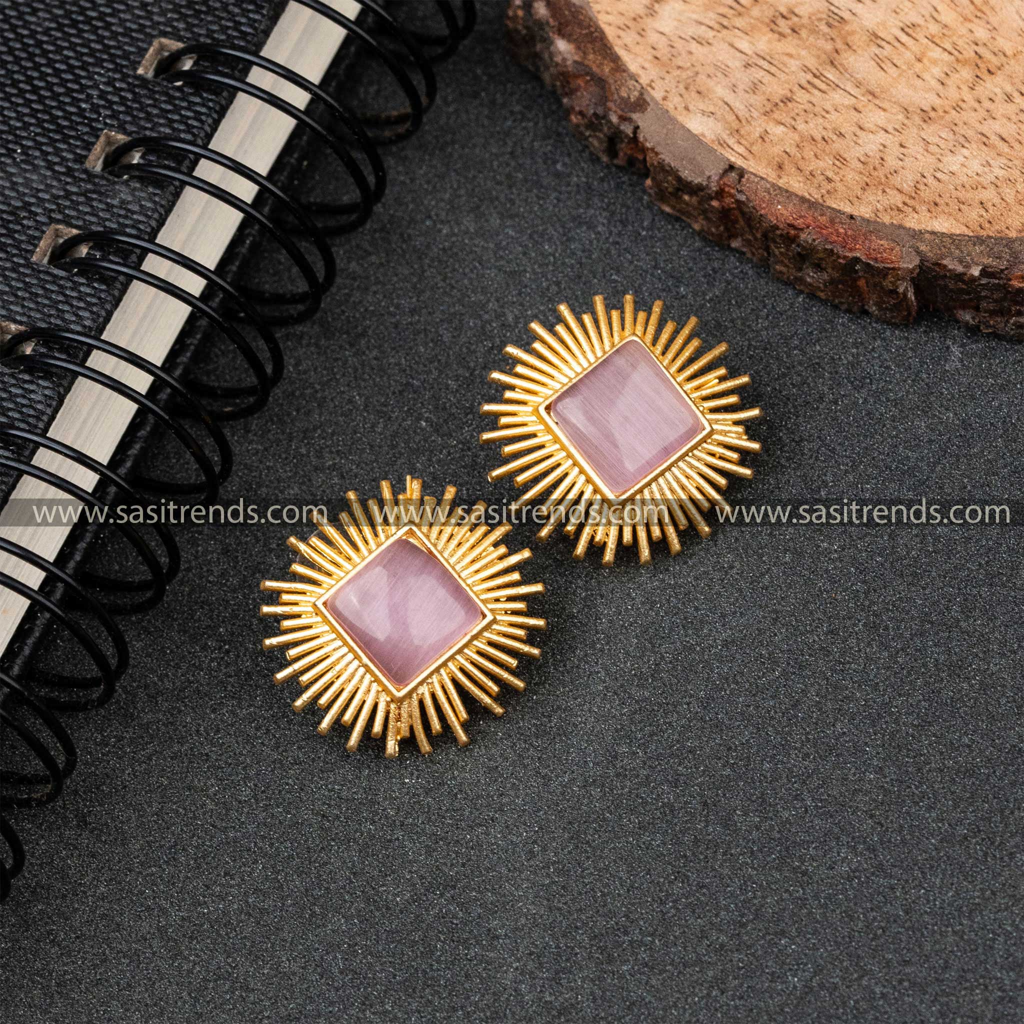 Party Wear Gold Plated Pink Rectangle Monalisa Stone Push Back Earrings 