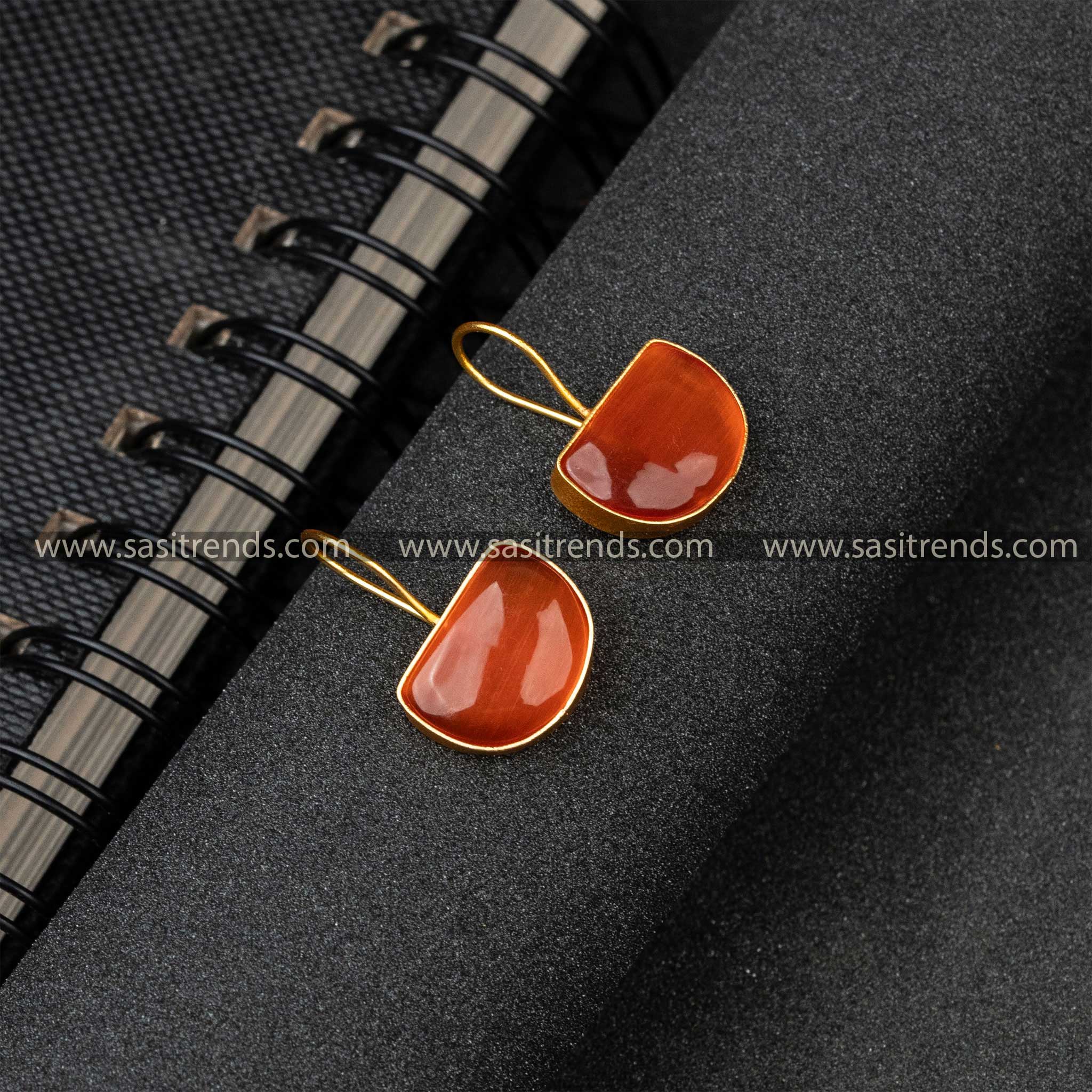 Beautiful Gold Plated Dark Peach Monalisa Stone Fish Hook Earrings 