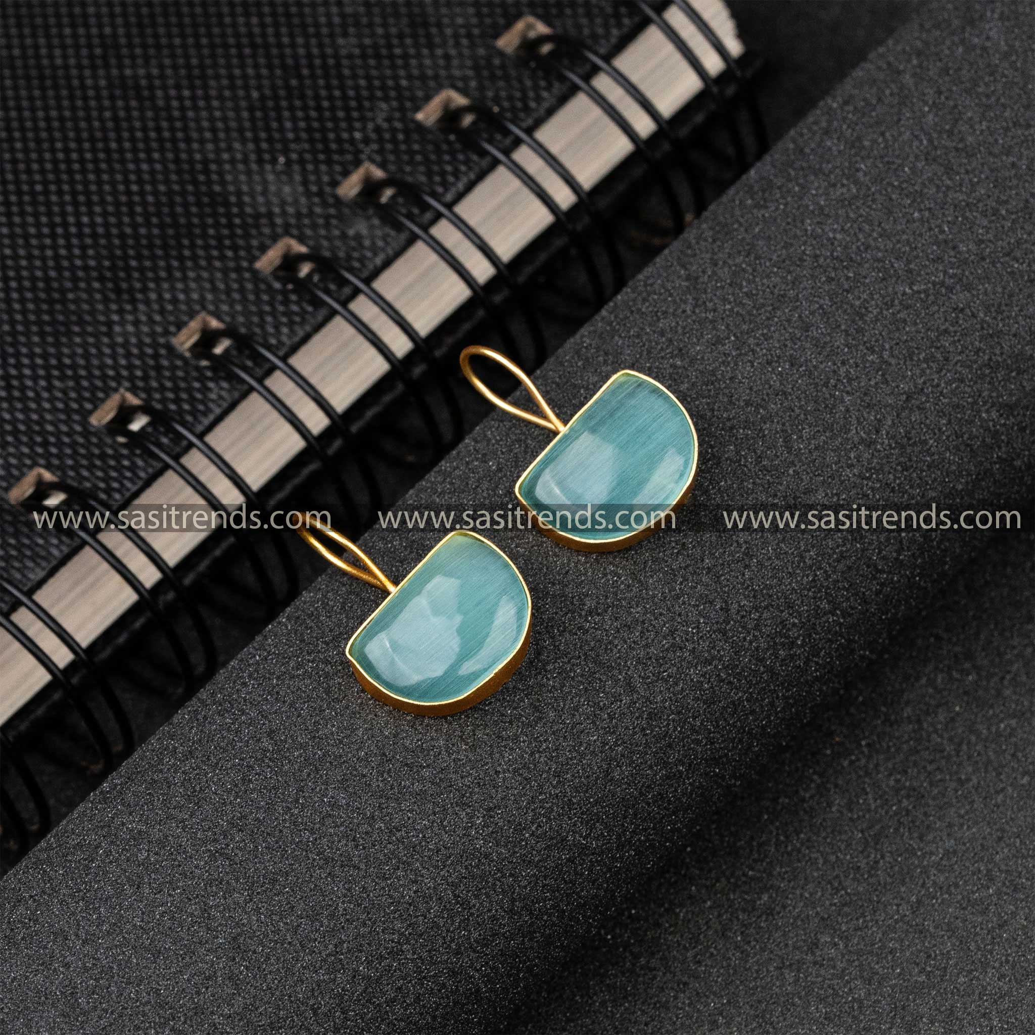 Gold Plated Aqua Blue Monalisa Stone Fish Hook Earrings 