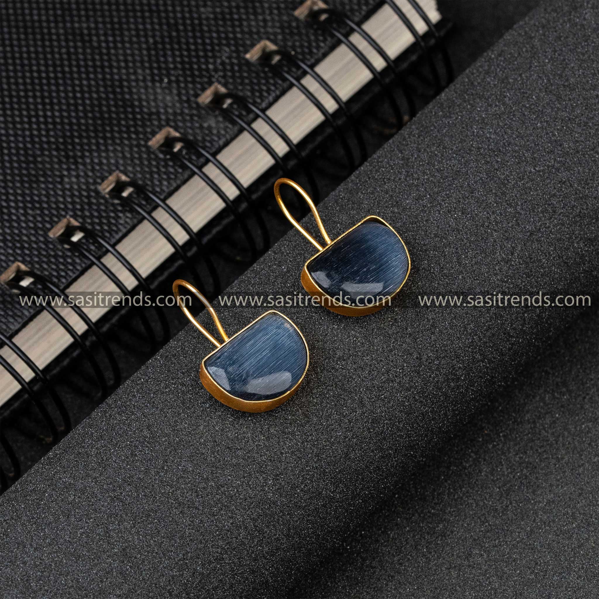 New Gold Plated Blue Monalisa Stone Fish Hook Earrings 