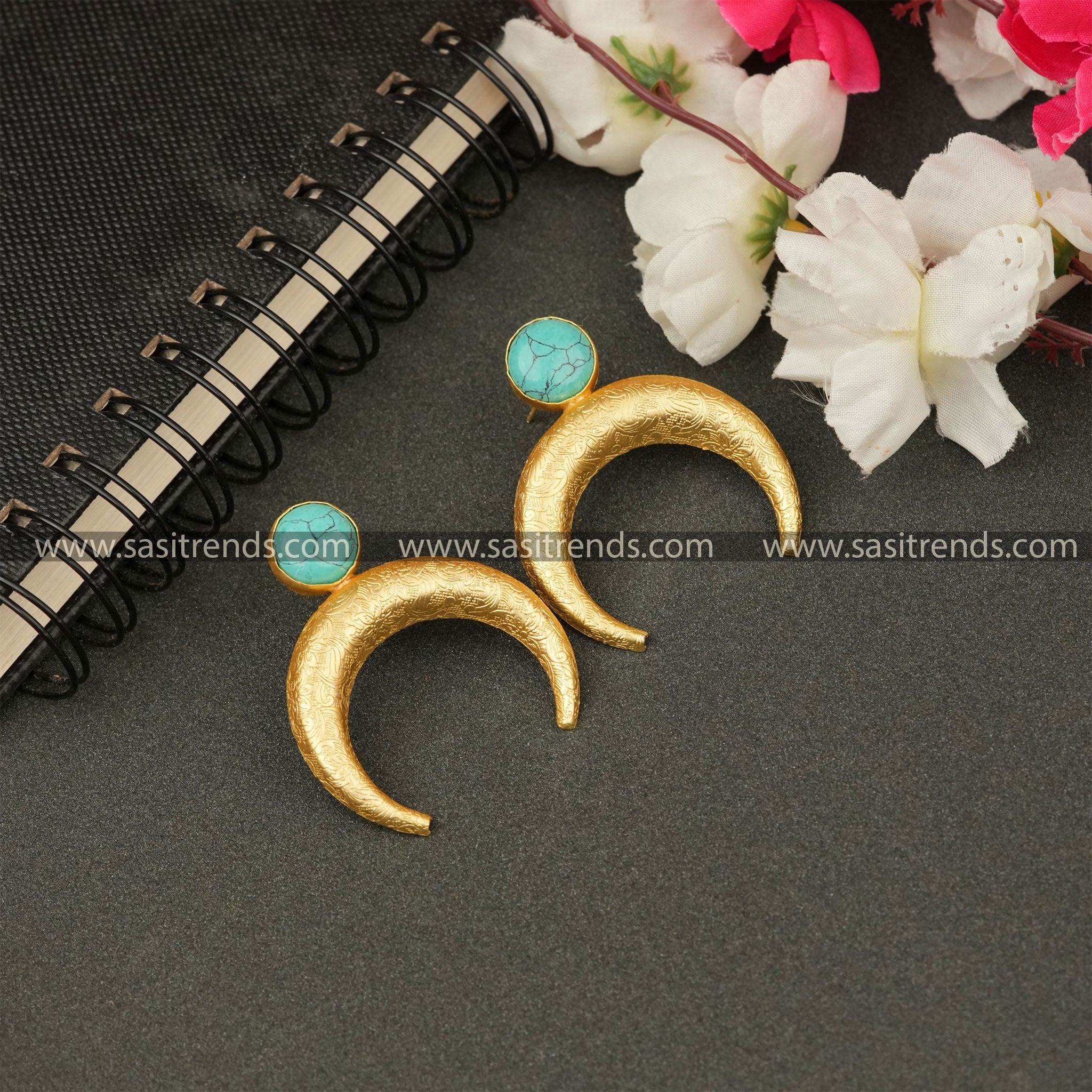 Gold Plated Monalisa Stone Studded Push Back Earrings For Women