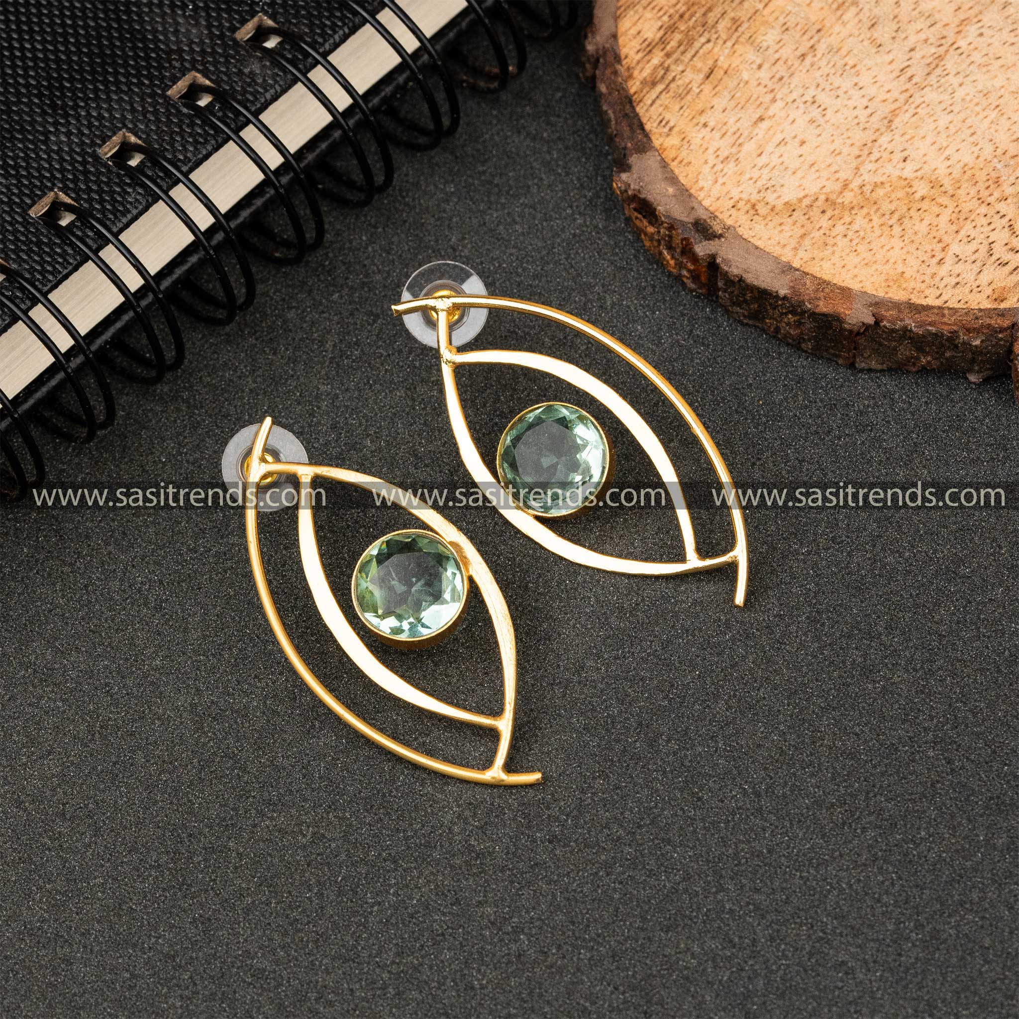 Office Wear Gold Plated Parrot Green Monalisa Stone Studded Push Back Eye Pattern Earrings