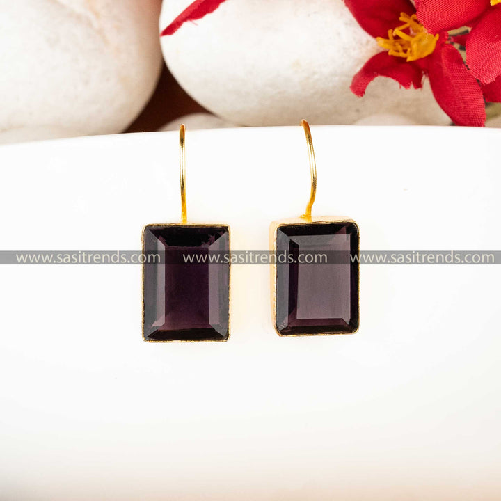 Elegant Gold Plated Fish Hook Rectangular Violet Stone Studded Earrings Sasitrends