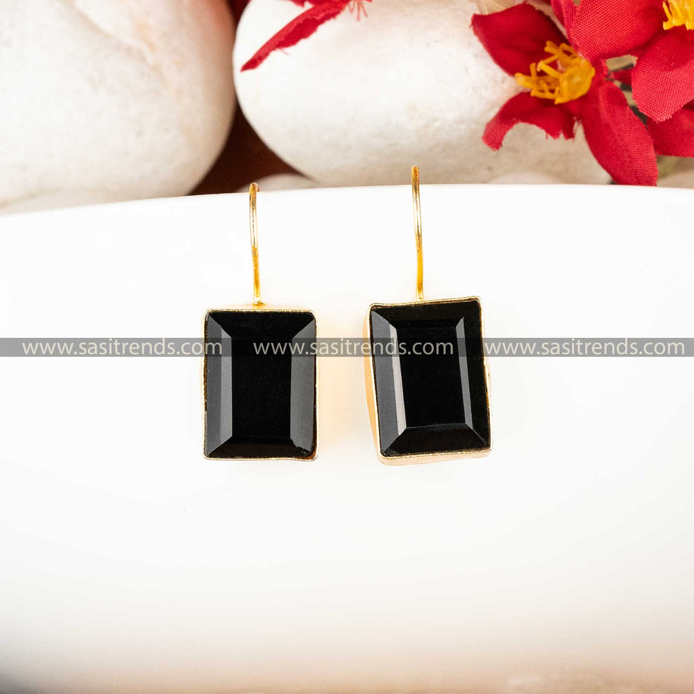 Office Wear Gold Plated Fish Hook Rectangular Black Stone Studded Earrings Sasitrends